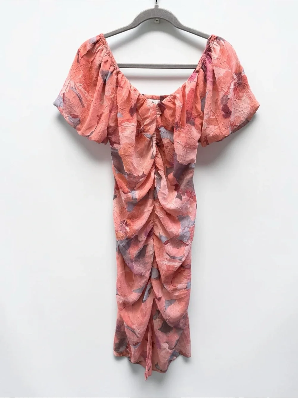 Socialite Pink Floral Ruched Puff Sleeve Midi Dress Size XS - Picture 3 of 8
